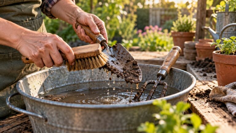 Cleaning muddy garden tools with a brush and water