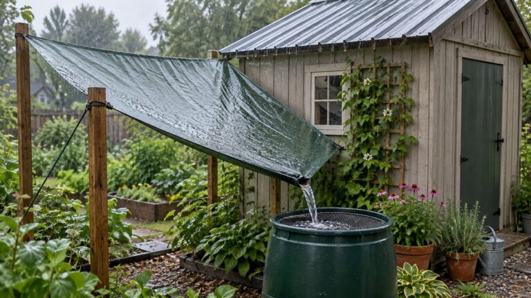 Freestanding tarp catchment directing rainwater into a barrel without gutters