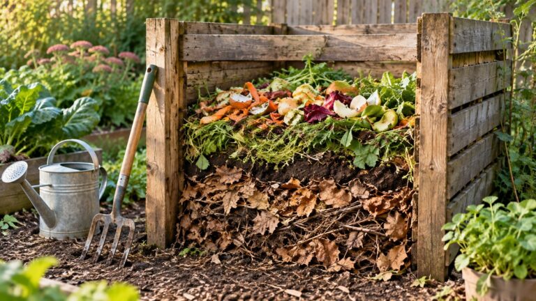 Layered materials in a beginner backyard compost bin