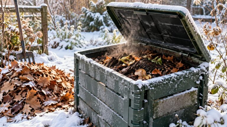 Active insulated compost bin surrounded by winter snow