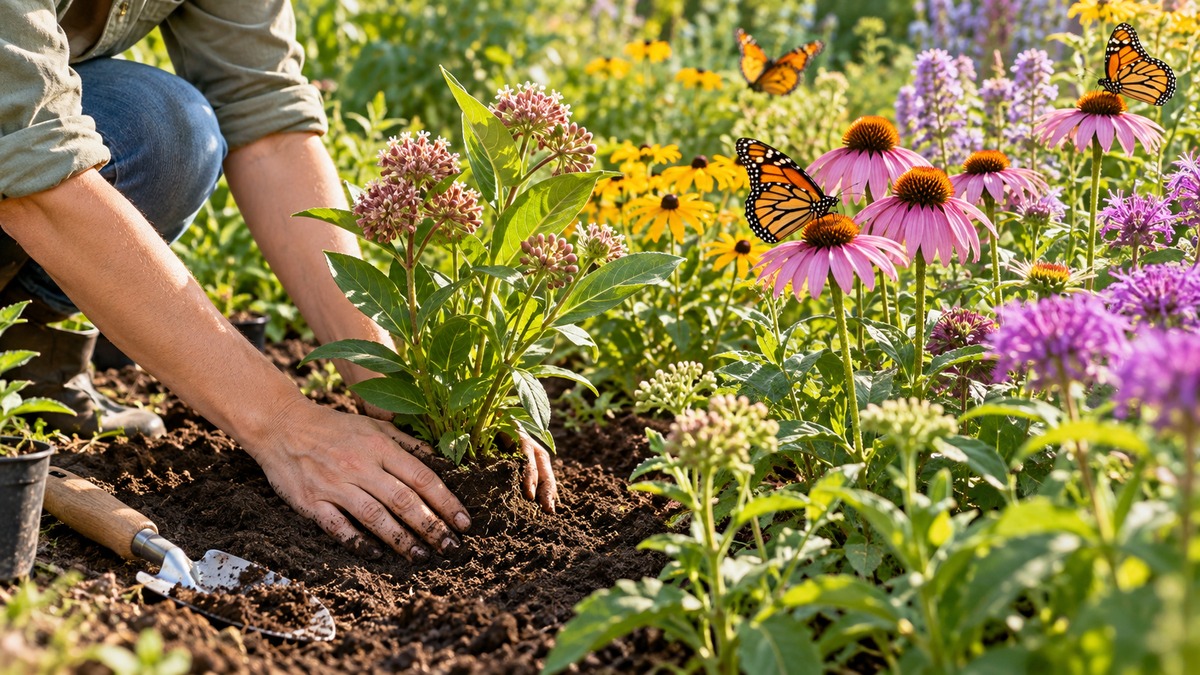 Planting native flowers for monarch butterflies in a sunny garden