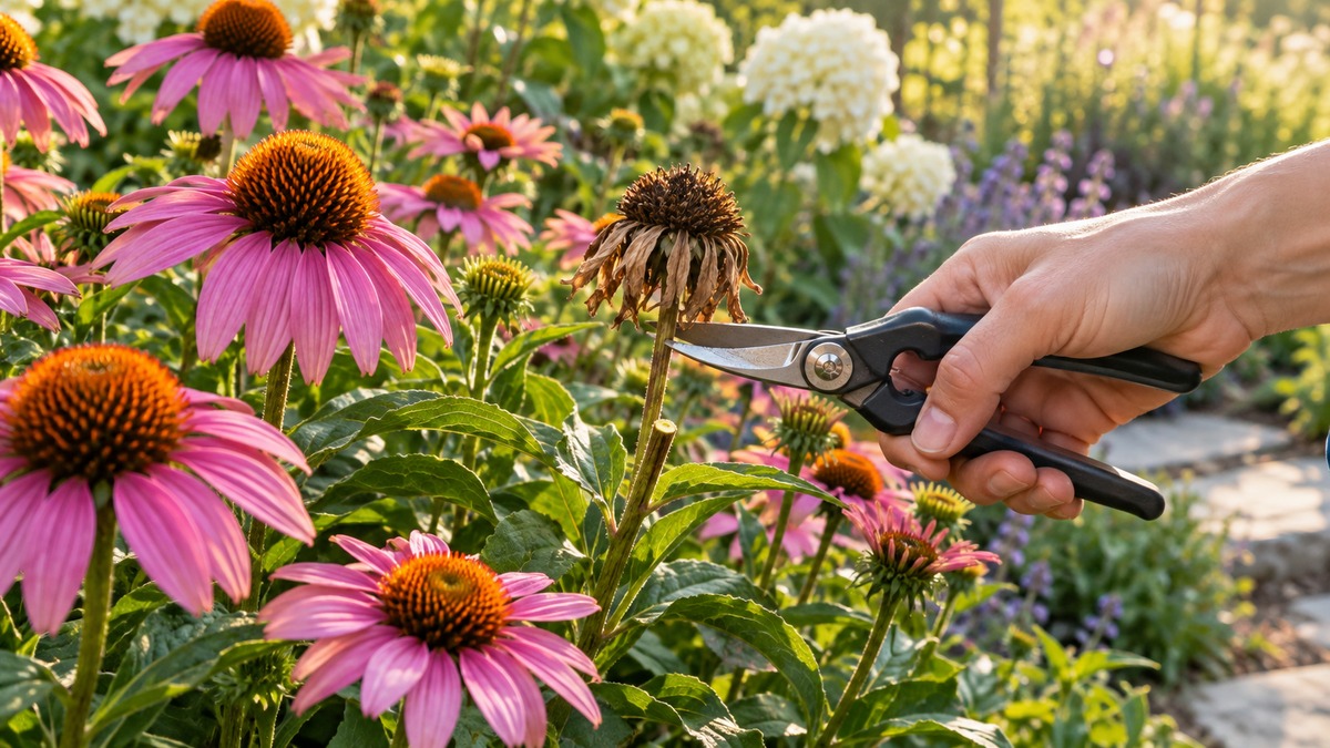 Deadheading a faded flower with garden snips