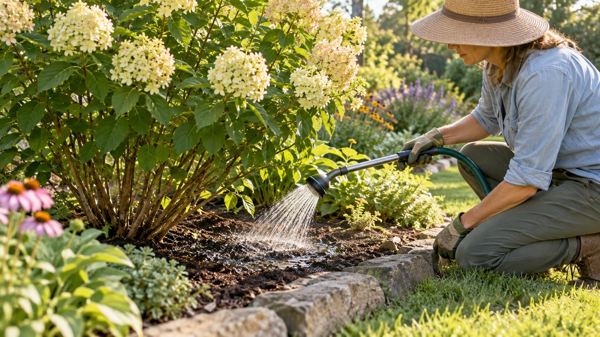 Deep watering a flowering shrub slowly at the root zone
