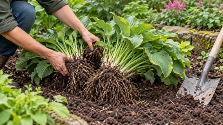 Dividing a mature hosta perennial in the garden