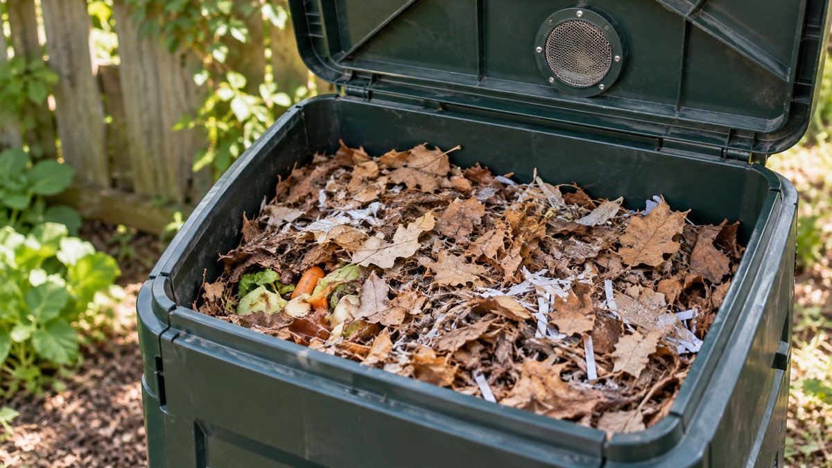 Food scraps covered with dry material in a compost bin