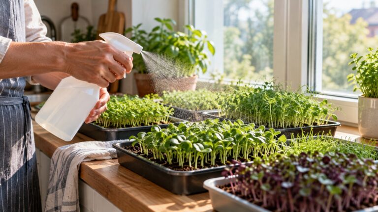Microgreens growing in trays on a bright kitchen windowsill