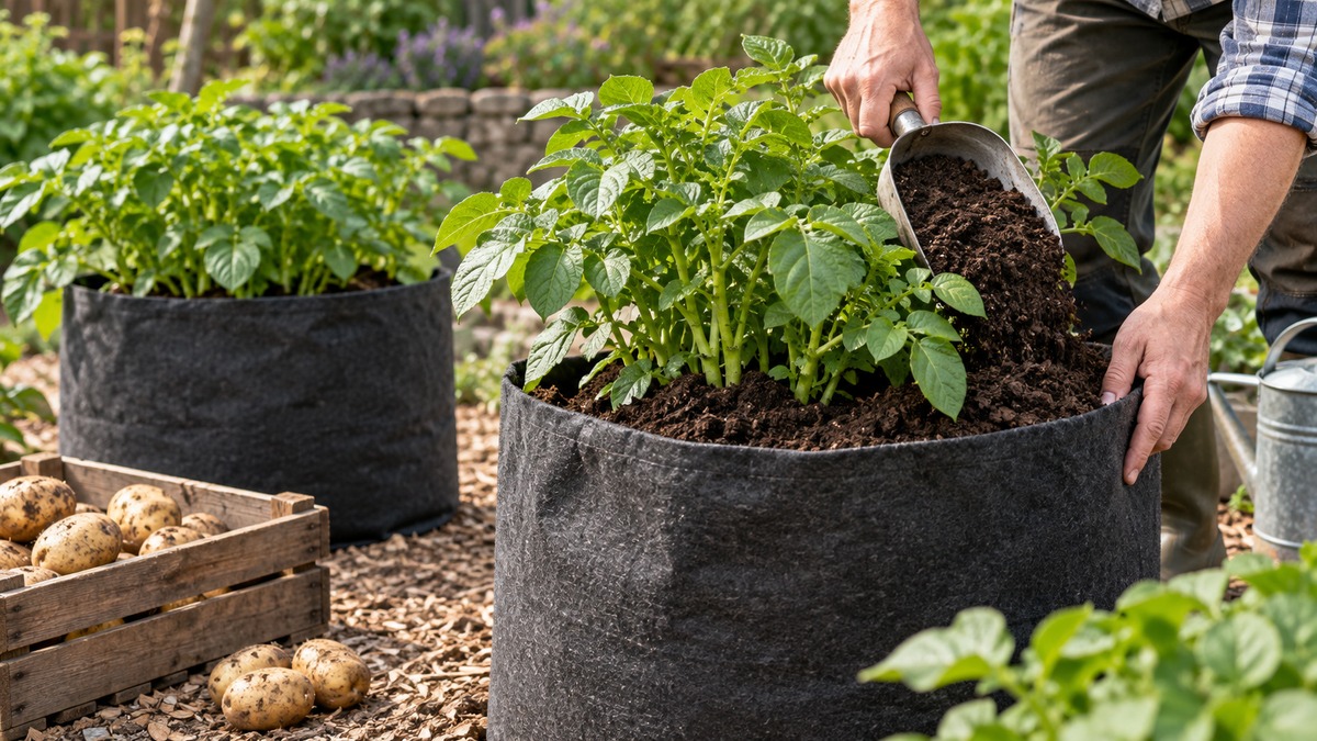Potato plants growing in fabric garden containers