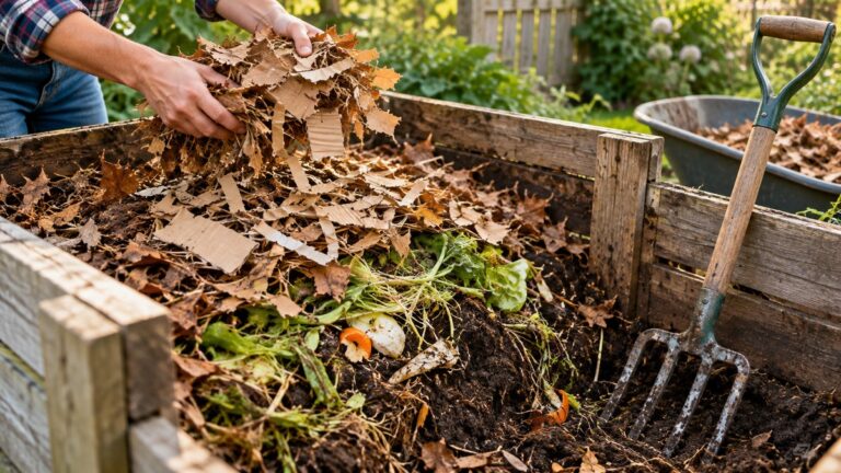 Dry brown materials layered into a healthy compost bin