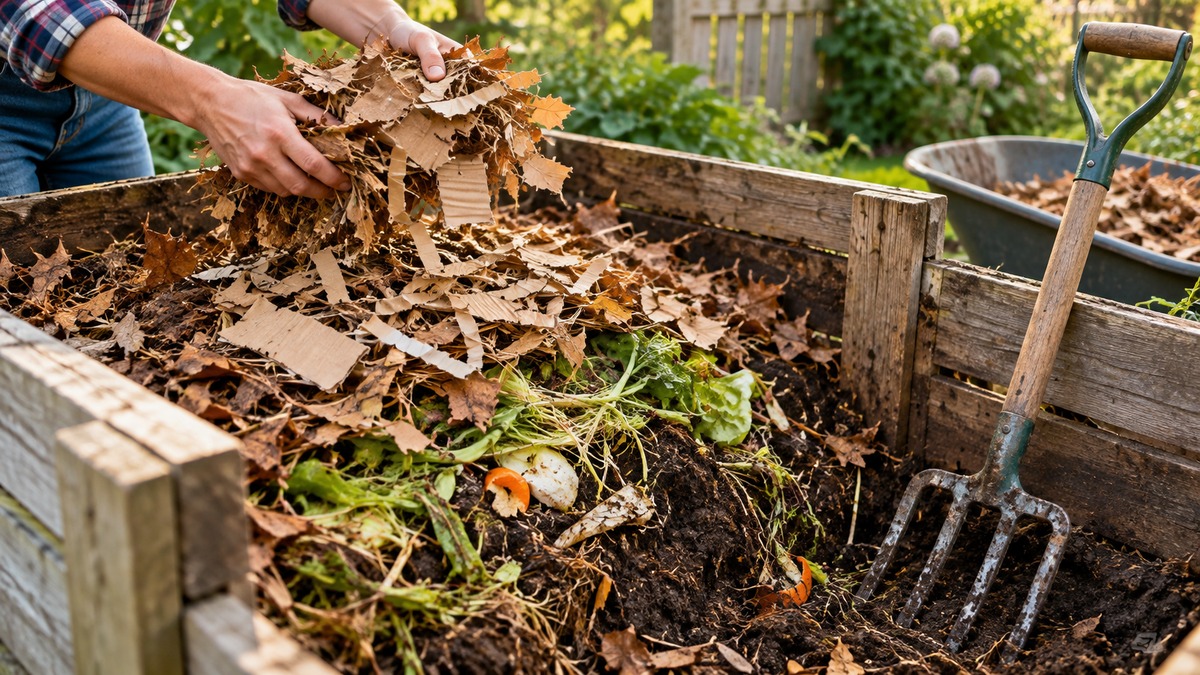Dry brown materials layered into a healthy compost bin