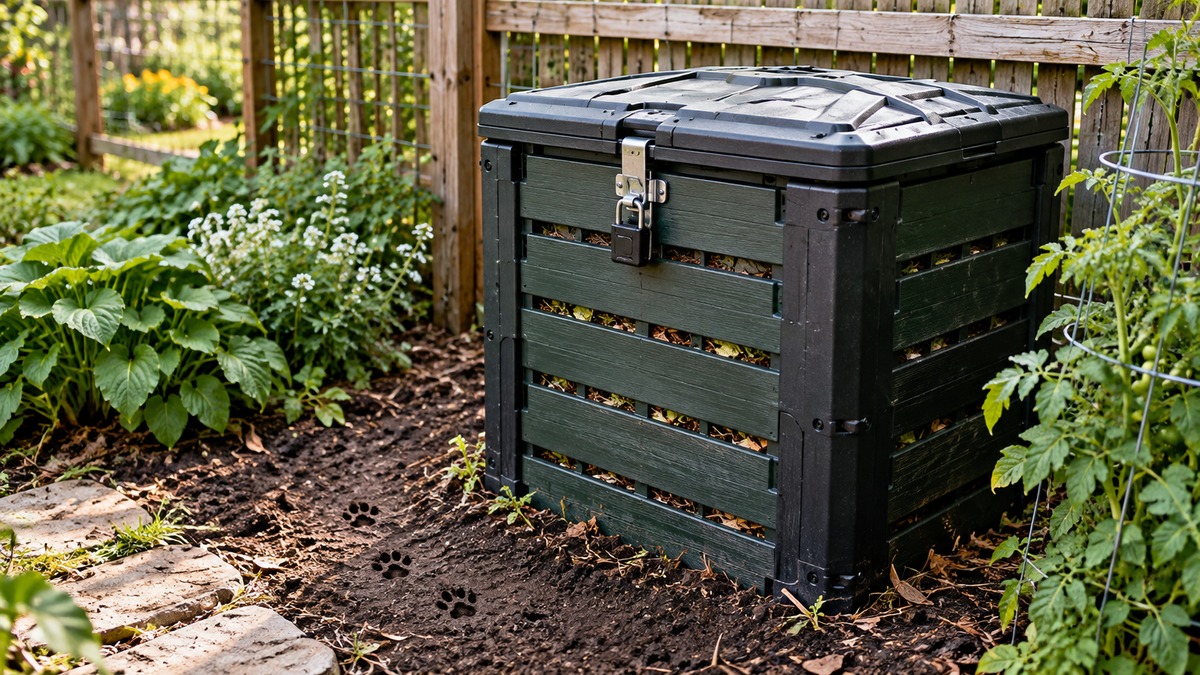 Secure lidded compost bin with reinforced latch