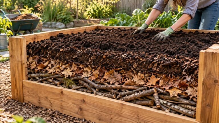 Natural branches leaves compost and soil layered in a raised bed
