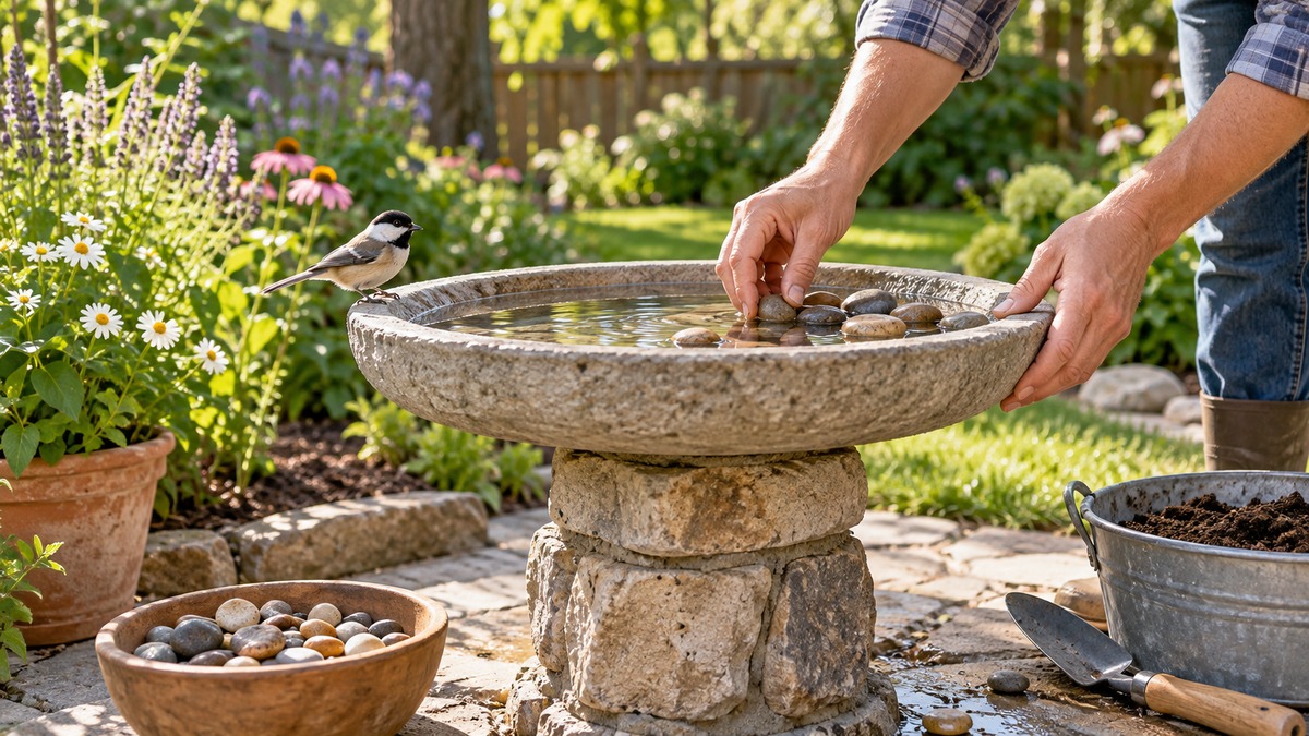Adding pebbles to a homemade stone bird bath in the garden