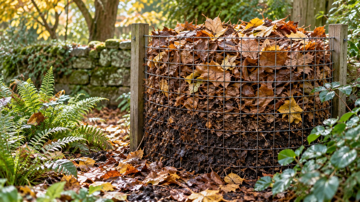 Fallen leaves decomposing in a wire mesh leaf mold bin