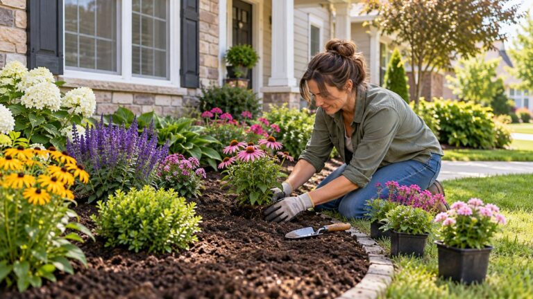 Planting colorful flowers in a garden bed along the front of a house