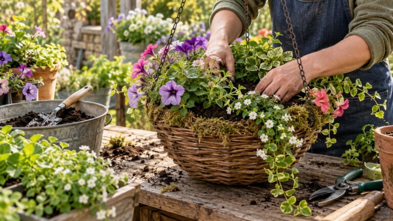 Planting colorful flowers in a hanging basket