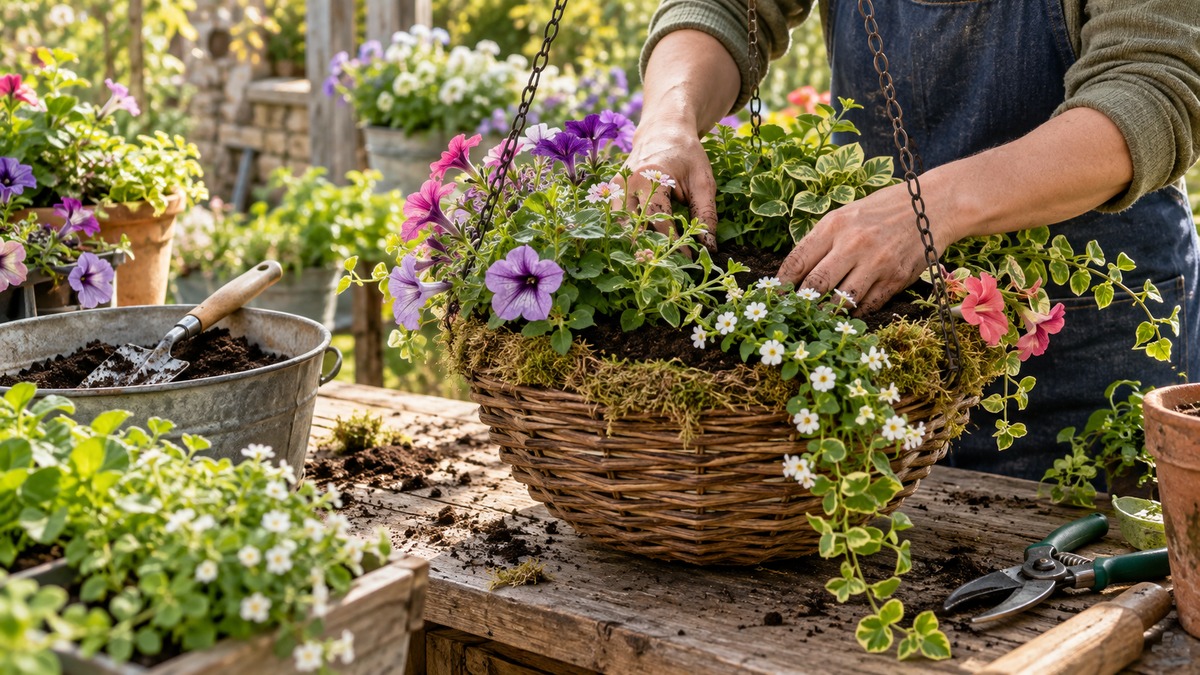 Planting colorful flowers in a hanging basket