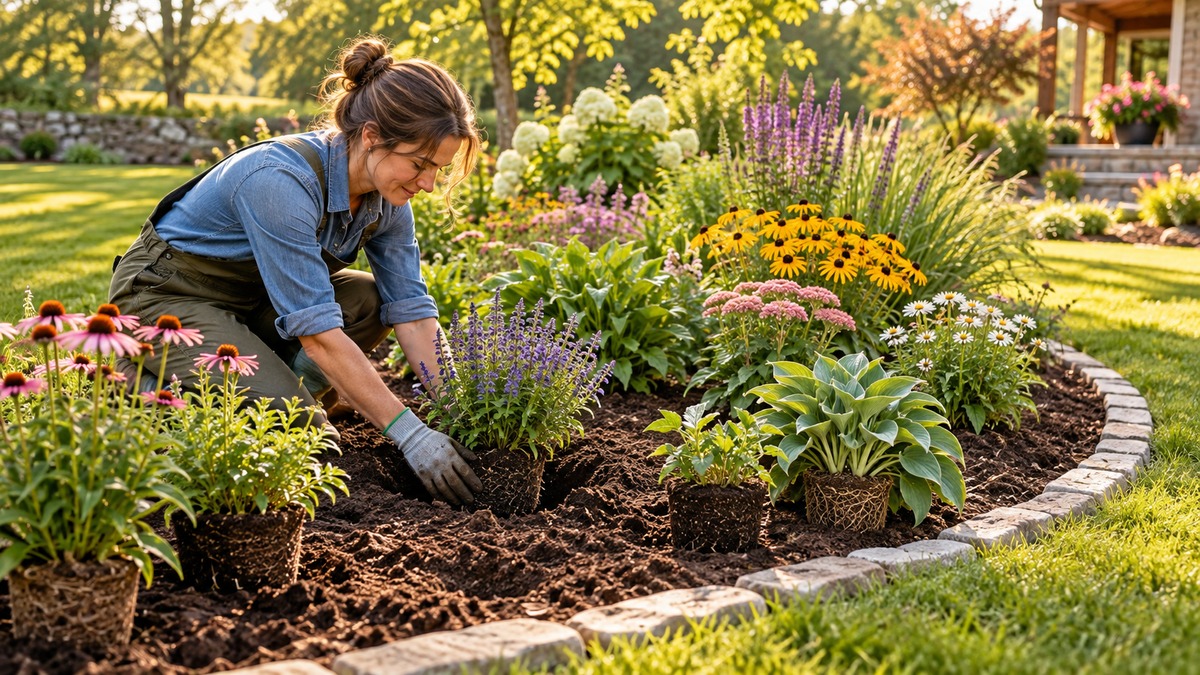 Planting a colorful perennial flower bed in a sunny backyard