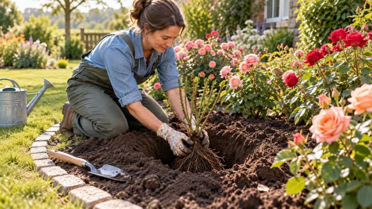 Planting a bare-root rose in a prepared backyard rose bed