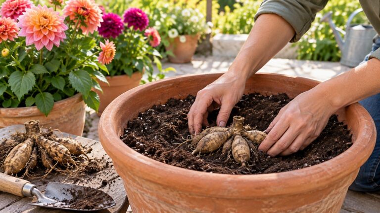 Planting dahlia tubers in a large terracotta container