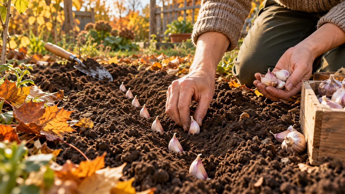 Planting garlic cloves in a garden bed in fall