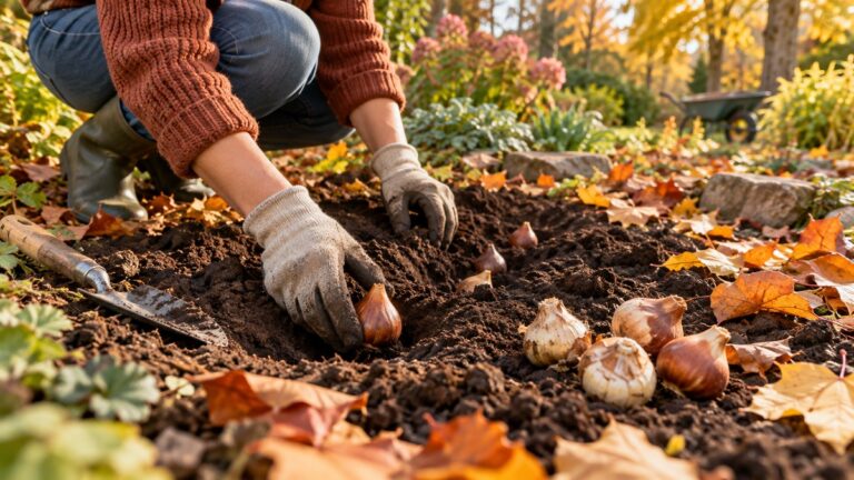 Planting spring flower bulbs in an autumn garden bed