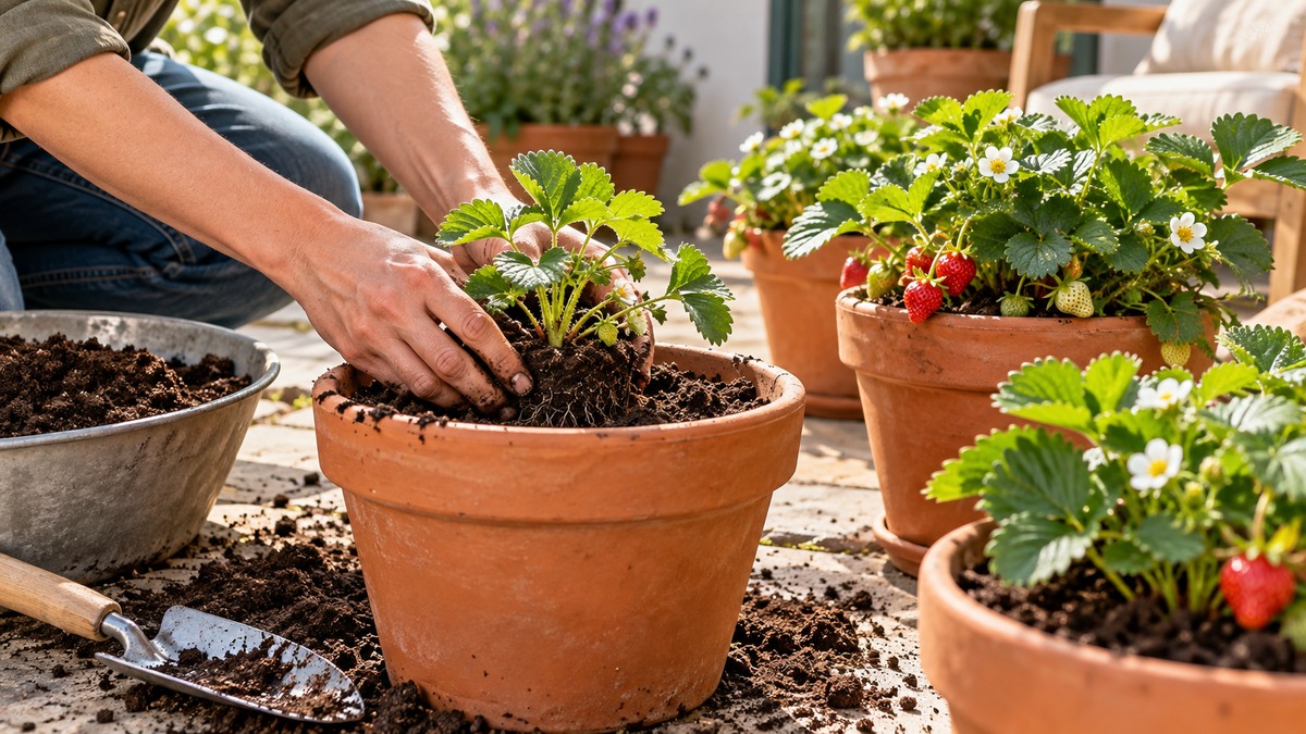 Planting strawberry plants in terracotta containers