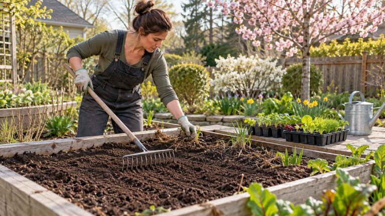 Preparing and leveling a raised garden bed for spring planting