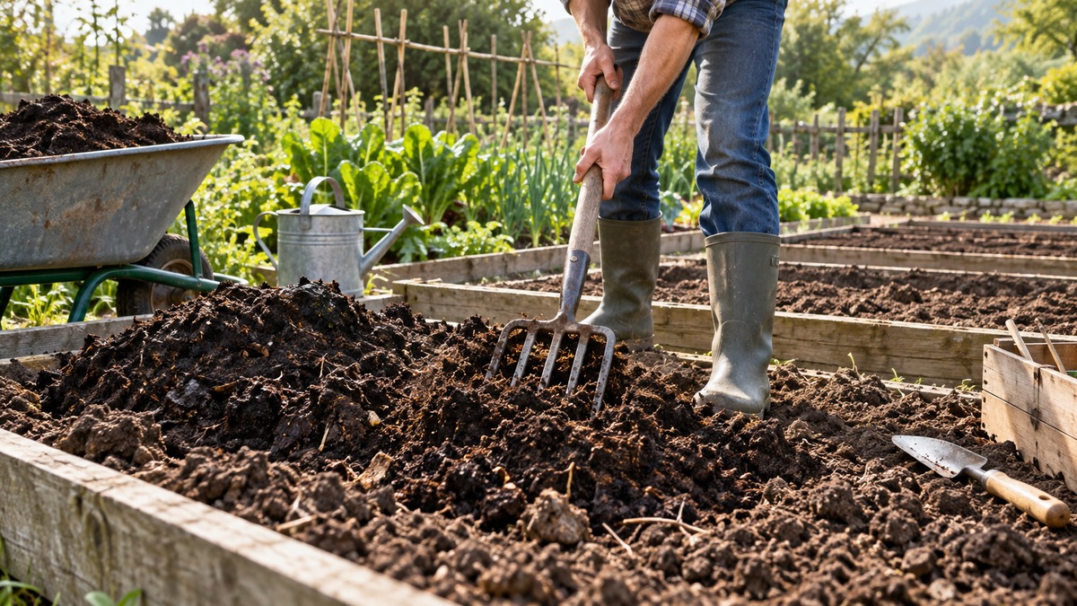 Preparing rich garden soil for planting vegetables