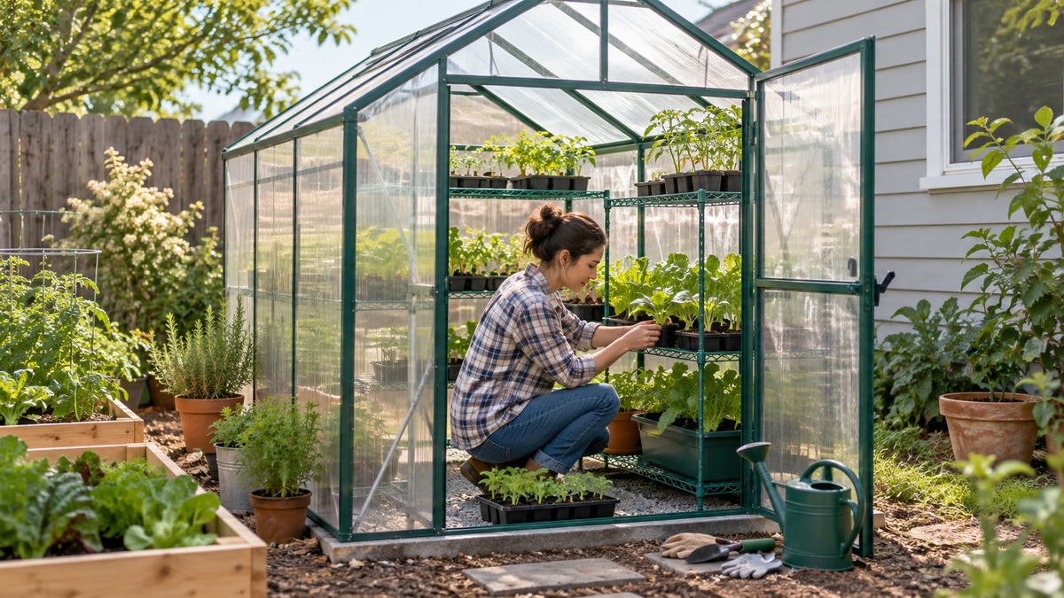 Arranging seedlings on shelves inside a small backyard greenhouse