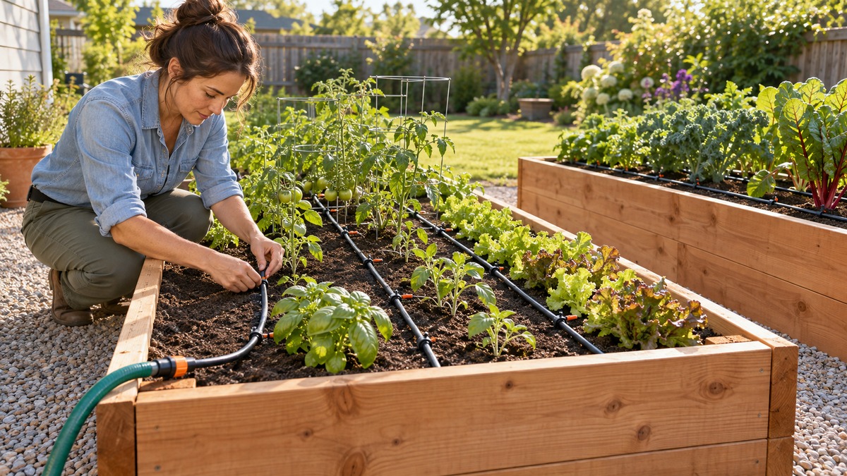 Installing parallel drip irrigation lines in a raised vegetable bed