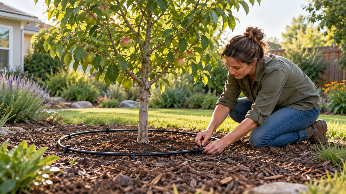 Installing a circular drip irrigation line around a young fruit tree