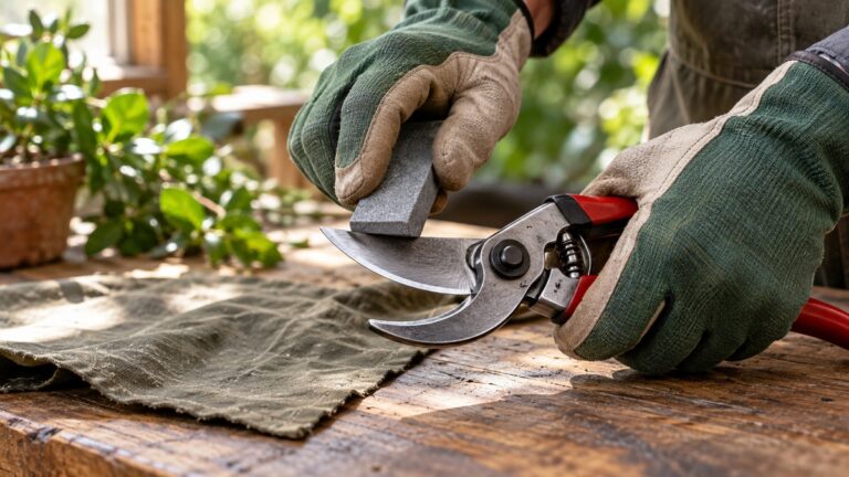 Sharpening the blade of garden pruners on a workbench