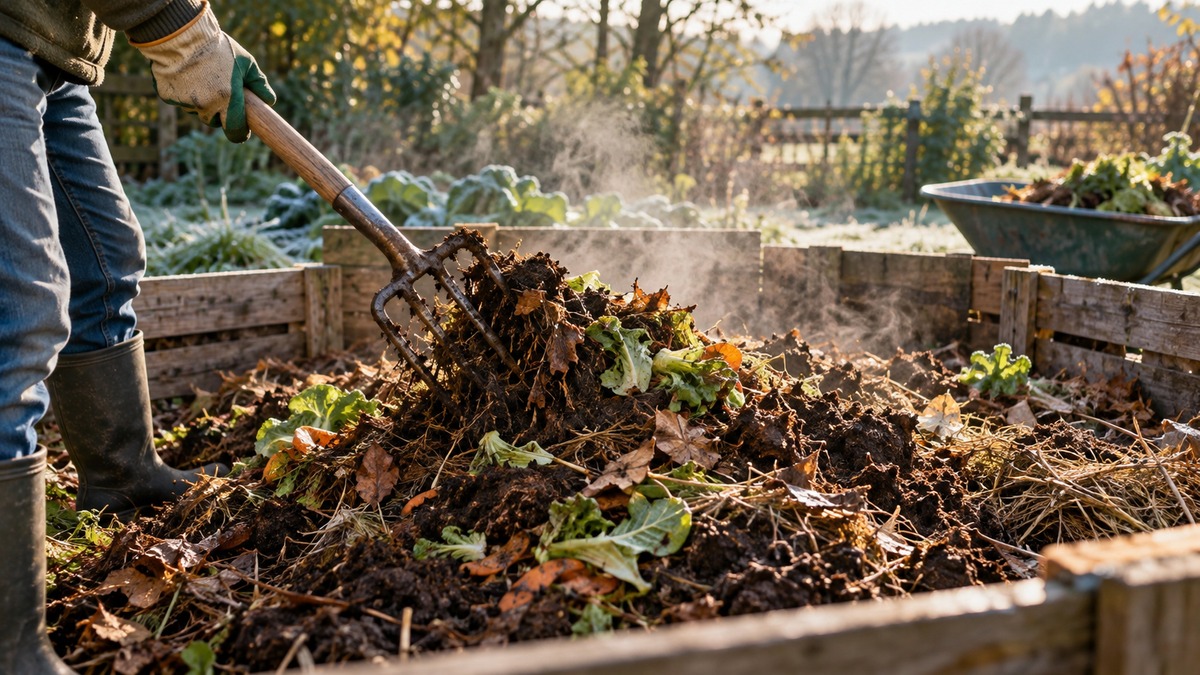 Aerated compost pile with chopped brown and green material