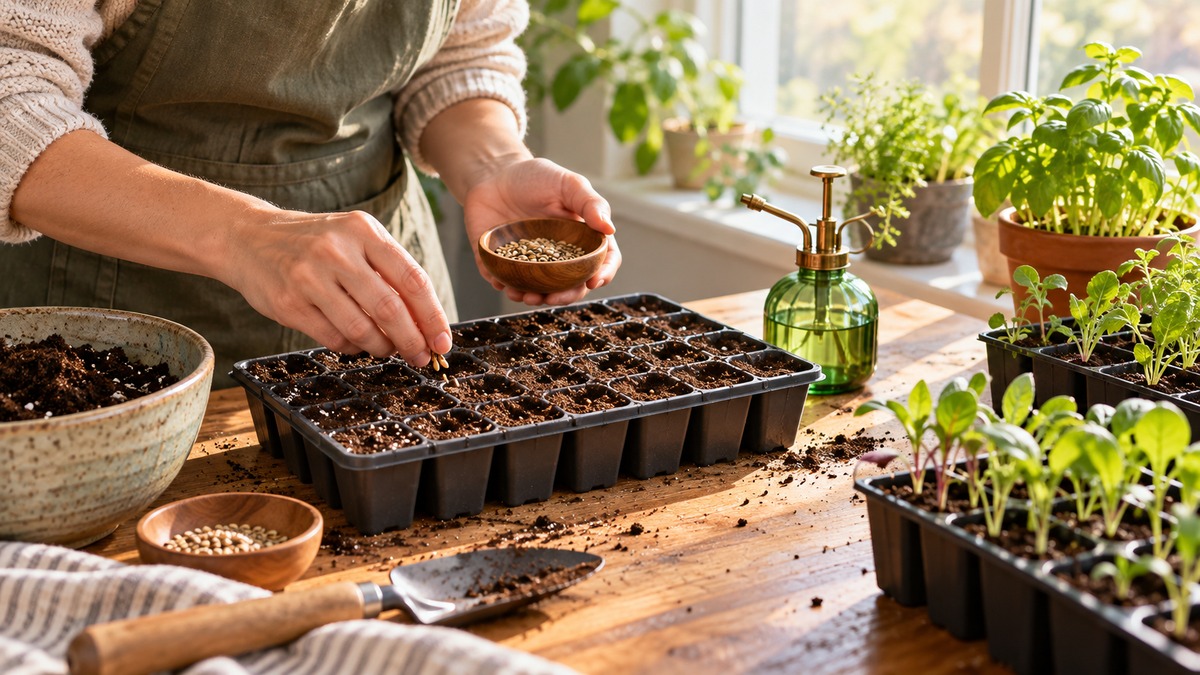 Sowing seeds into cell trays on a sunny indoor potting table