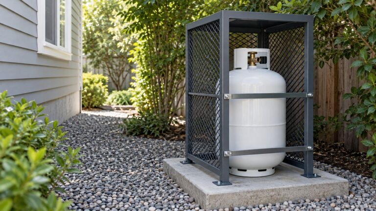 Upright propane cylinder secured in a ventilated outdoor storage cage
