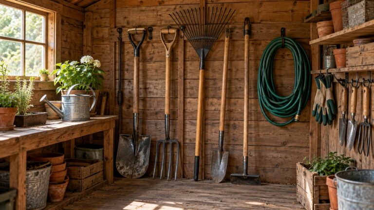 Garden tools organized neatly inside a wooden shed