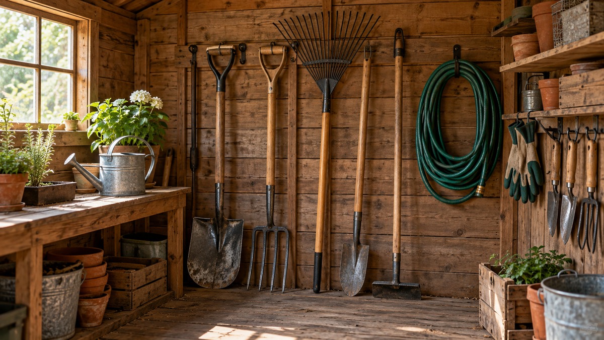 Garden tools organized neatly inside a wooden shed