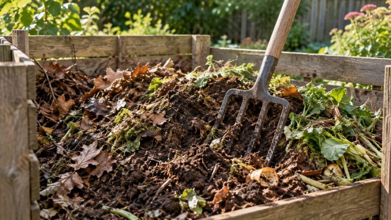 Garden fork aerating a mixed backyard compost pile