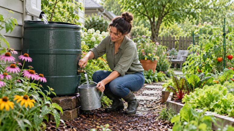 Filling a watering can from a rain barrel beside a lush garden