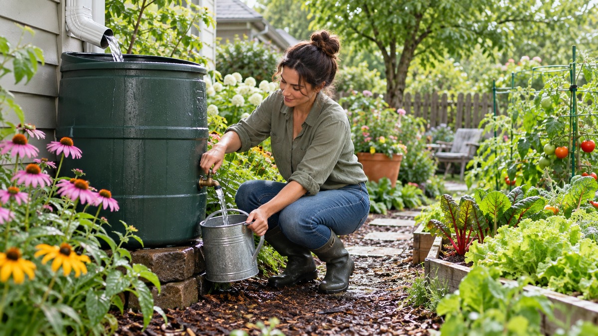 Filling a watering can from a rain barrel beside a lush garden