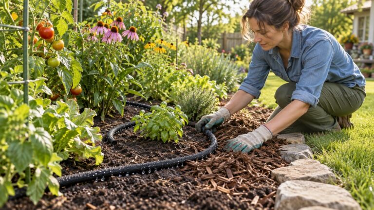 Laying a slowly seeping soaker hose around garden plants