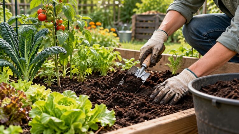 Finished compost spread around plants in a raised bed