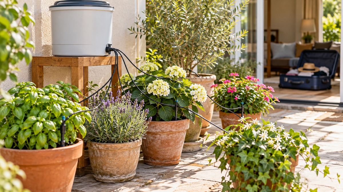 Gravity-fed drip system watering patio plants while the homeowner is away