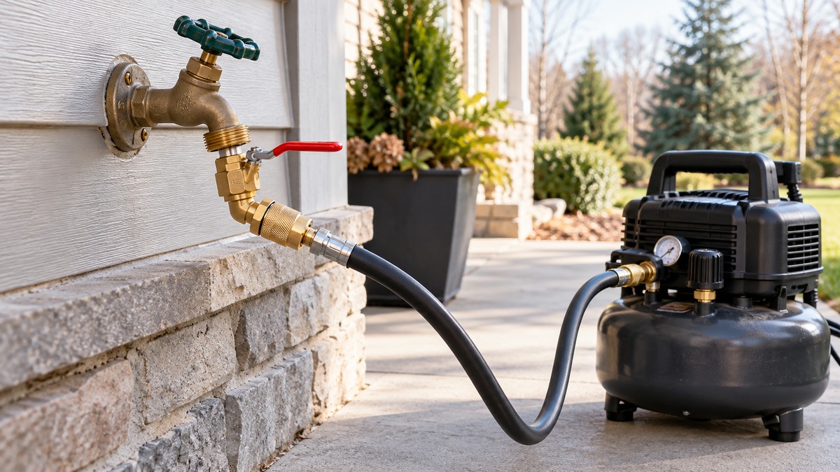 A brass winterize adapter with a quick-connect plug and a ball valve, attached to a garden hose faucet beside a small air compressor on a patio.