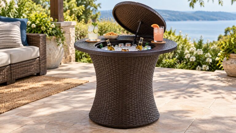A round espresso-brown resin bar table on a patio, its lid raised to show a built-in cooler, with drinks and a small bowl of snacks on top.