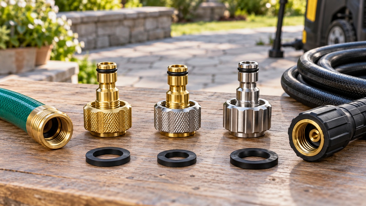 Generic metal hose adapters, seals, and hose ends compared on an outdoor workbench.