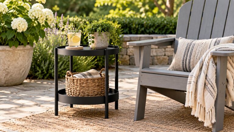 A black square resin side table with two tiers, placed beside a grey Adirondack chair on a deck, with a drink on the top and a small basket on the lower shelf.