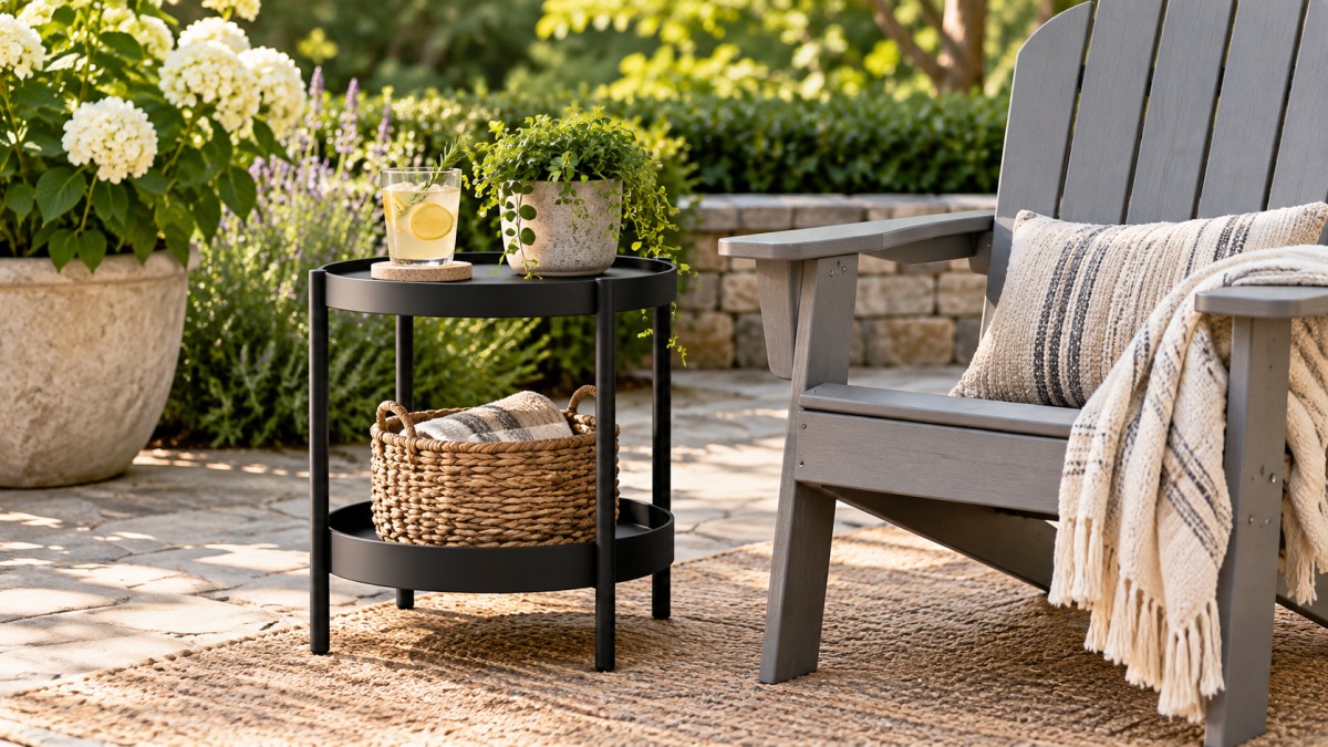 A black square resin side table with two tiers, placed beside a grey Adirondack chair on a deck, with a drink on the top and a small basket on the lower shelf.