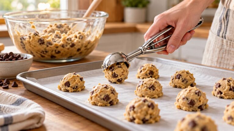 Cookie scoop portioning even balls of dough on a baking tray