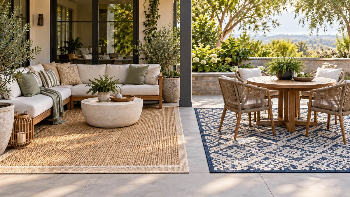 Two outdoor rugs with different weaves and border patterns.